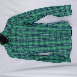 Wrangler Western Style Plaid Snap Shirt Size Small, Silver Threads, 17"PTP, 28"L